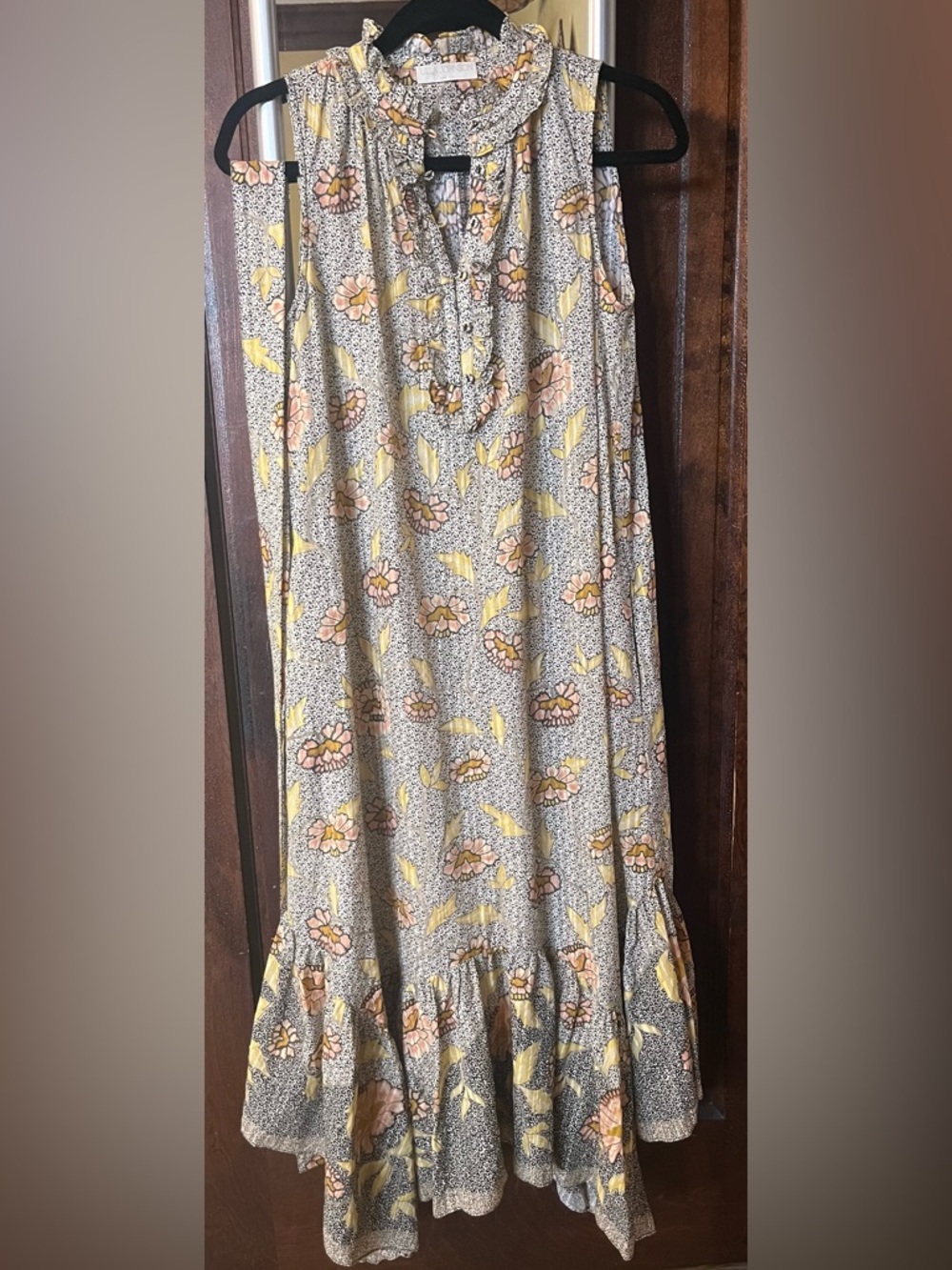 Ulla Johnson Chrysanthemum Yellow and Gray Floral Print Sleeveless Maxi Dress